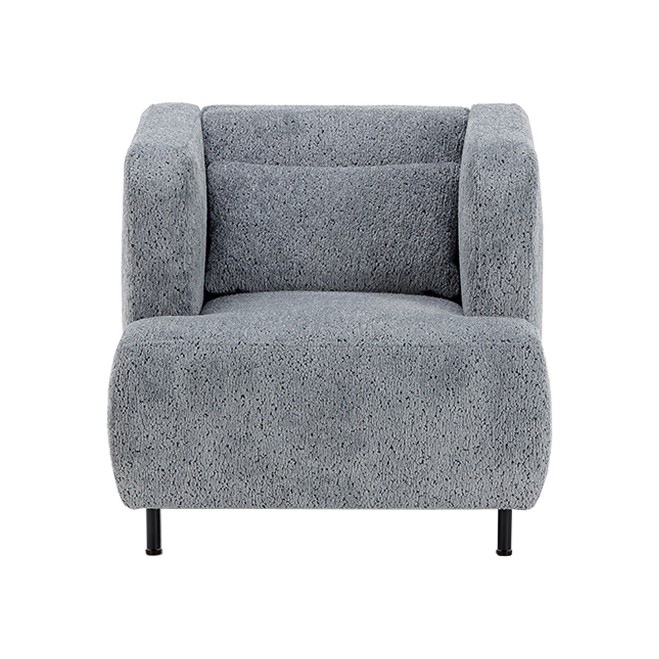 Kubischer Sessel in grauem Stoff mit schwarzen Metallfüßen..