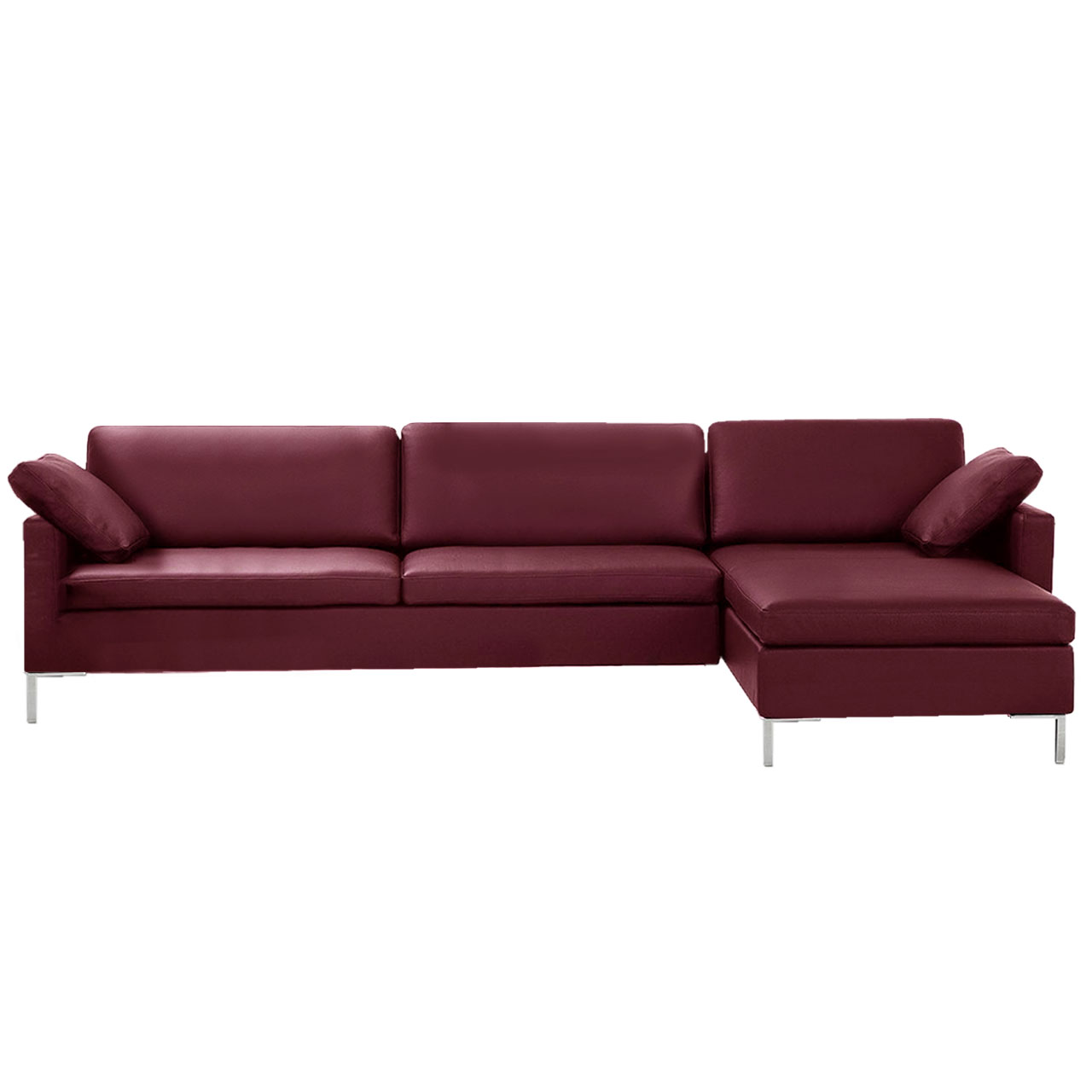 Dunkelrote Eckgarnitur mit Longchair rechts und Eckanbausofa links.