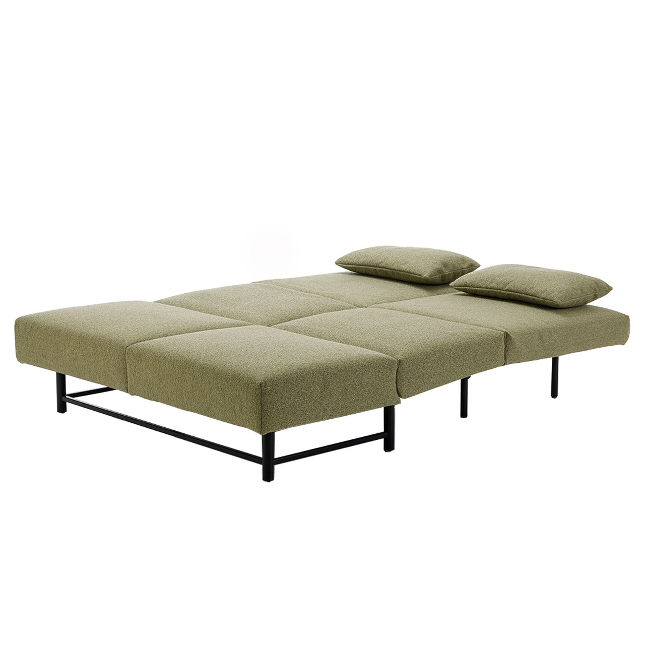 Zur Schlaffläche ausgezogenes Bettsofa mit moosgrünem Bezug und schwarzem Untergestell.