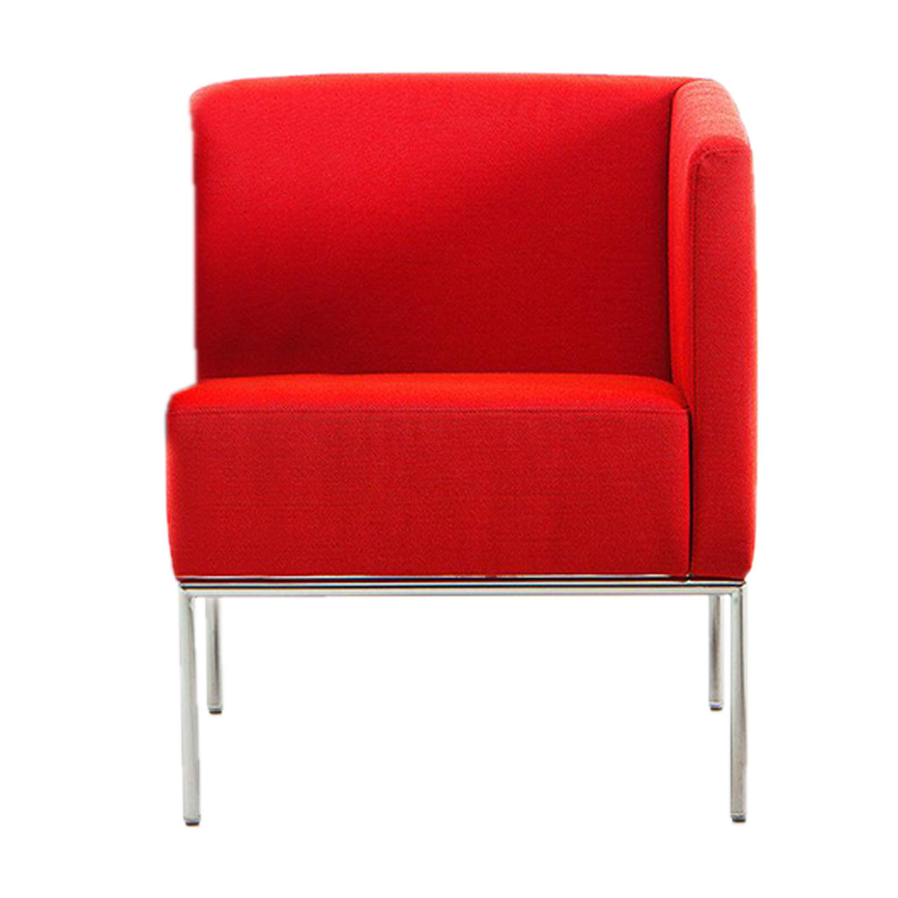 Ein roter Sessel mit nur einer Armlehne auf der rechten Seite. Das Untergestell ist mattchrom lackiert.