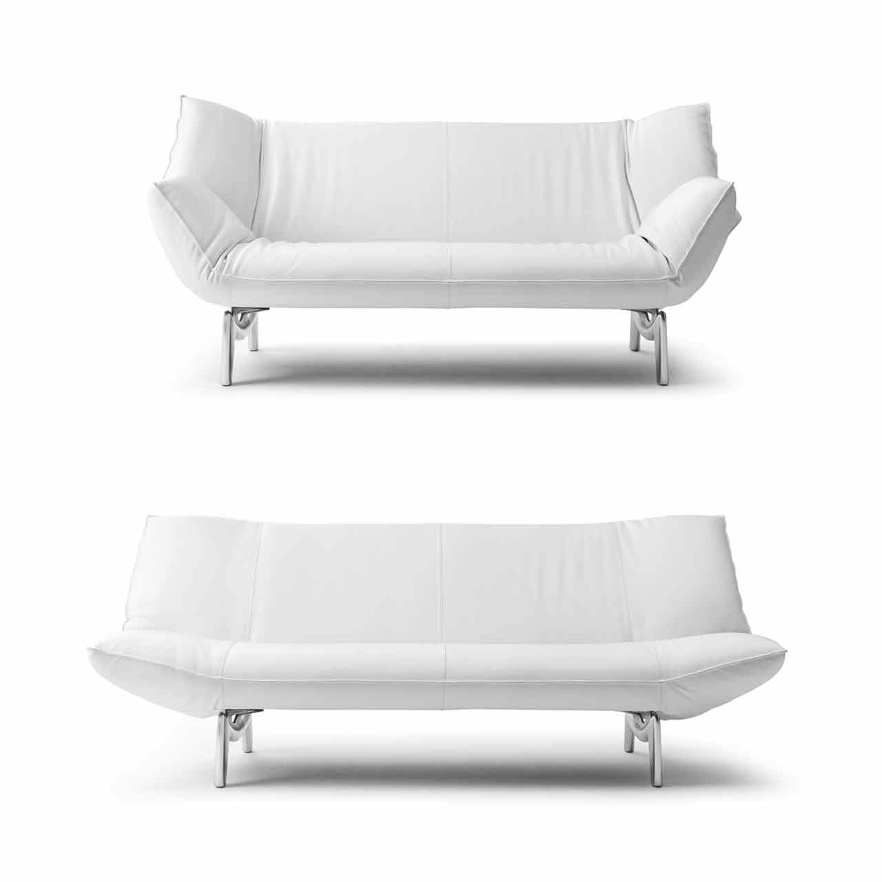 Oben Sofa mit eingeklappten Armlehnen, unten mit ausgeklappen Armlehnen und Rückenseiten