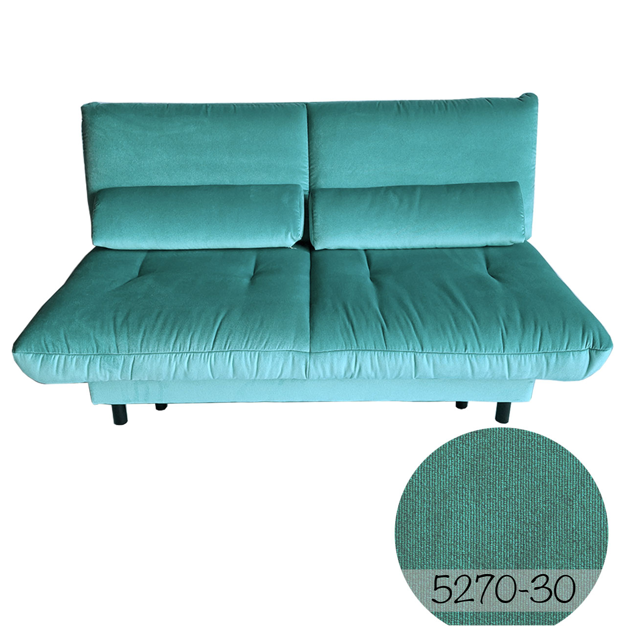 Schlafsofa in türkis-blauem Velourstoff mit zwei schmalen Kissen.