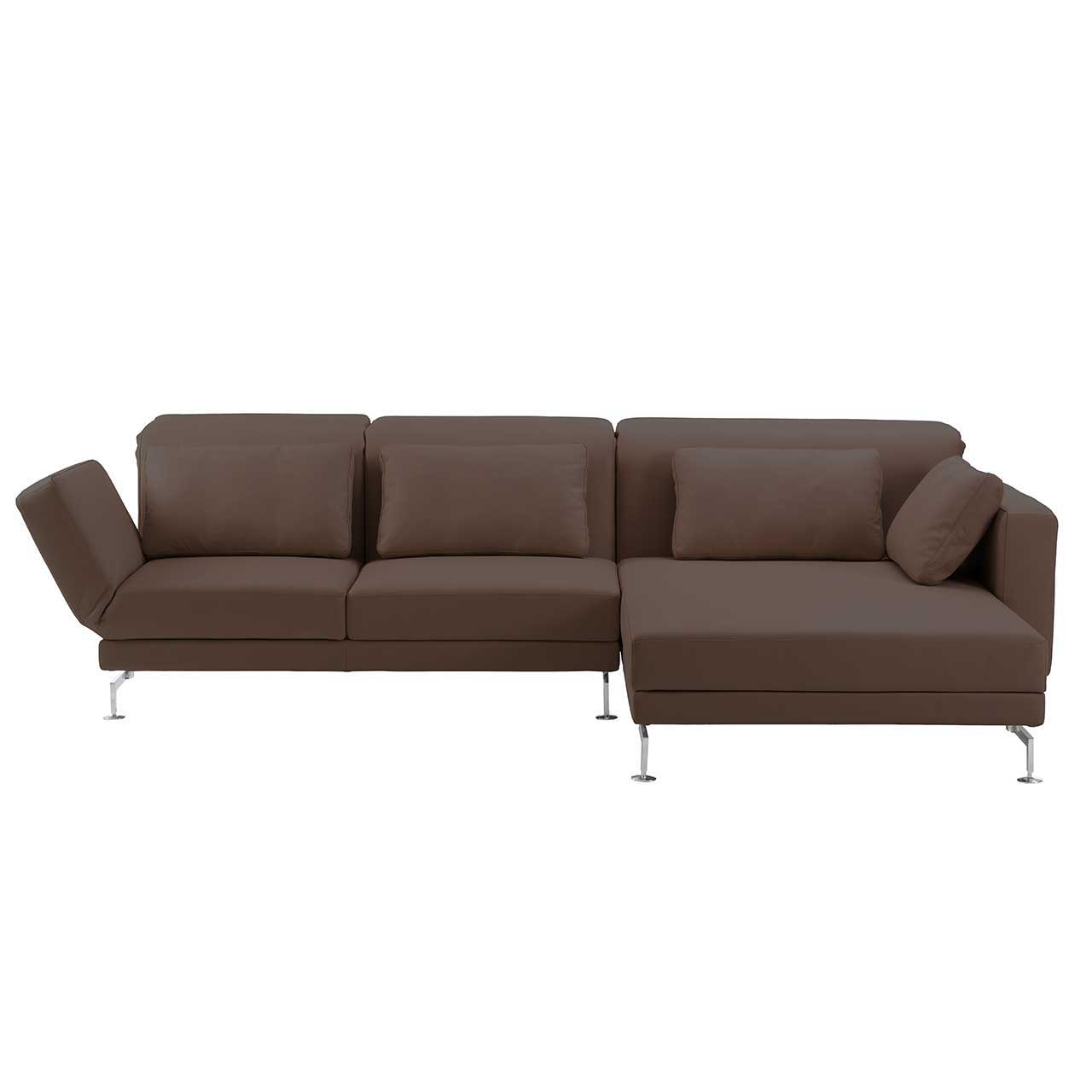 Eckgarnitur mit breitem Longchair rechts in braunem Stoff.