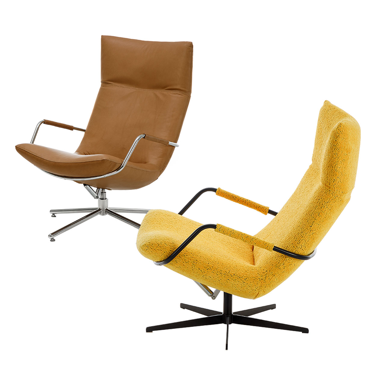 Ein Drehsessel in hellbraunem Leder mit verchromt glänzendem Kreuzfuß Armlehnen. Daneben steht ein Drehsessel mit gelben Stoff. Armlehnen und Sternfuß sind schwarz pulverbeschichtet.