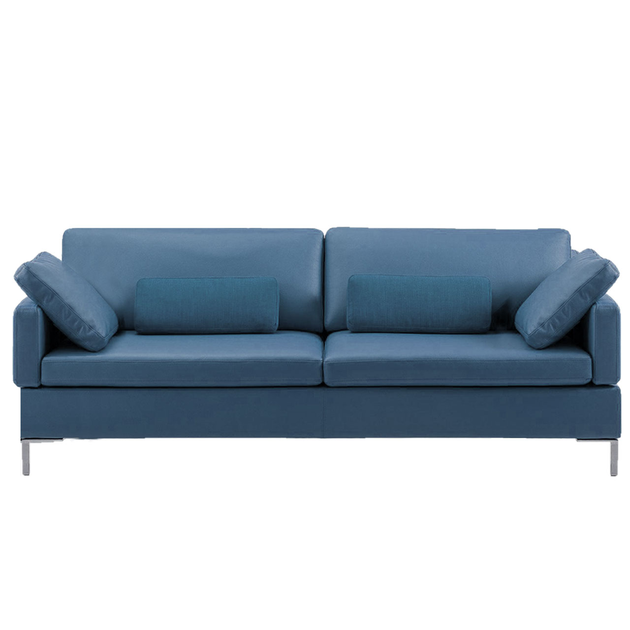 Blaues Ledersofa mit vier Sitzplätzen.