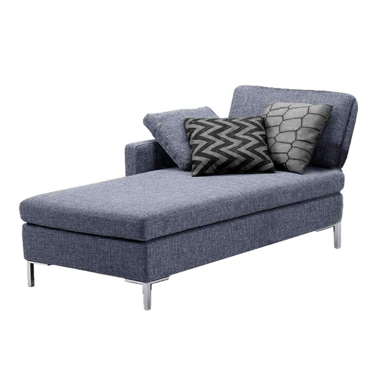 Grauer Longchair mit Armlehne links und drei Dekokissen.