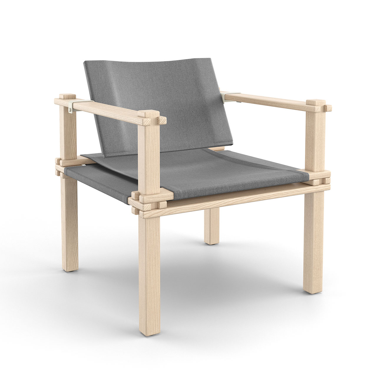 Stuhl mit hellem Holzgestell und grauem Stoff-Sitz