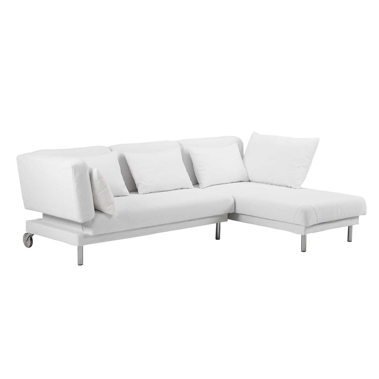 Eckgarnitur aus einem Openend udn einem Longchair in weißem Leder.