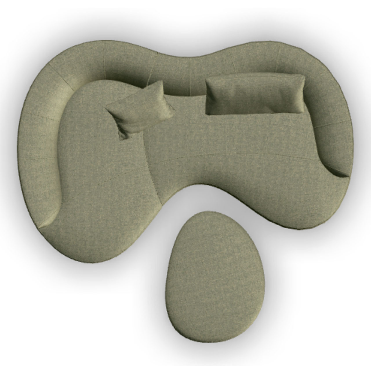 Sofa mit Liegenelement links und Hocker davor, alles organisch rund geformt und aus grünem Stoff.