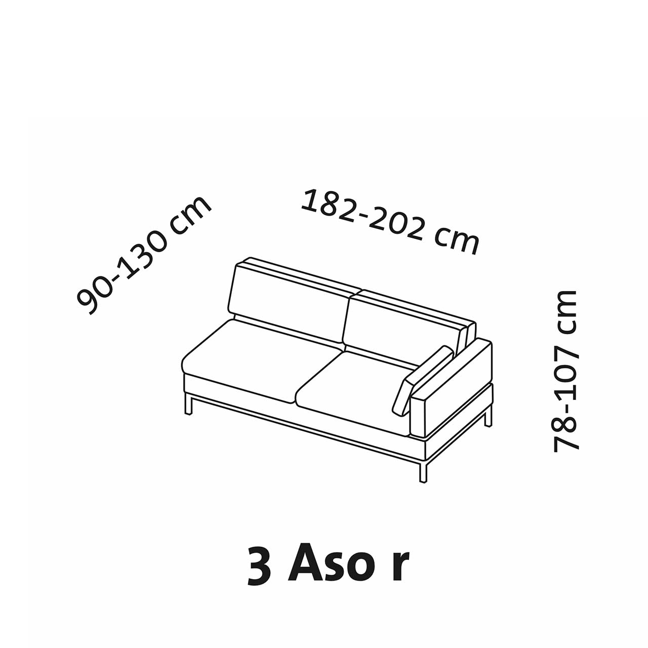 Maßzeichnung brühl tomo compact Anstellsofa 3-Sitzer