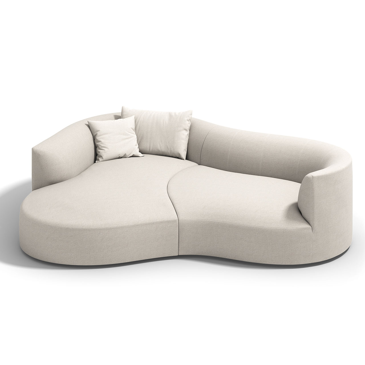 Organisch geformtes Sofa mit runder Lehne, heller Stoff, links ist der breitere Teil.
