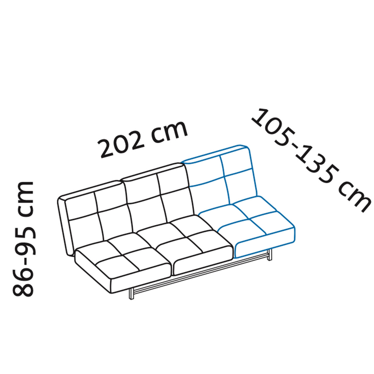 Maßzeichnung für das Multifunktionssofa cross over 74415 mit Kopfteil rechts.