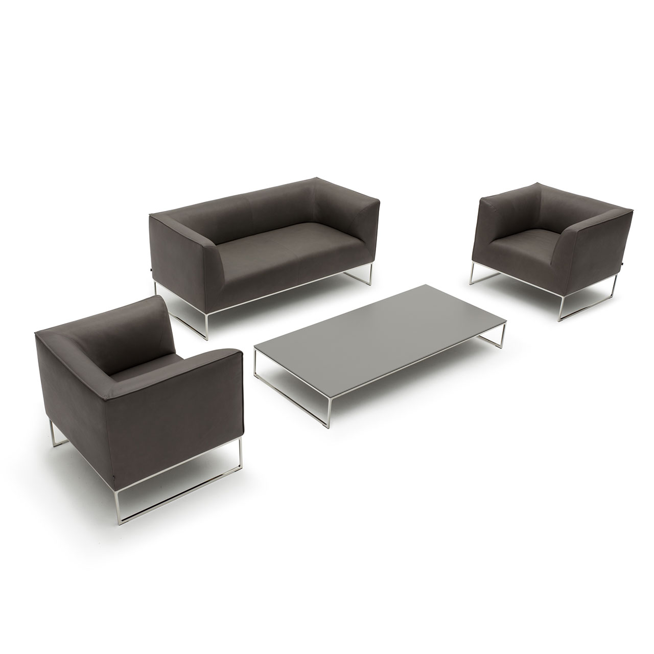 Zweisitzer-Sofa und zwei Sessel, alles aus schwarzem Leder, Chromgestell, grauer rechteckiger Couchtisch davor