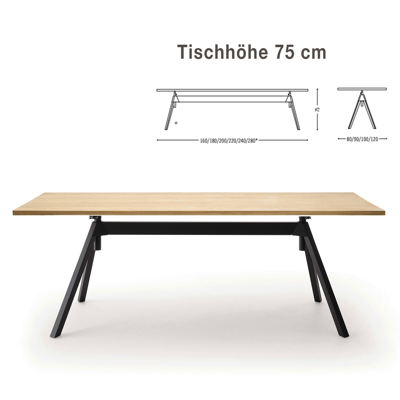 Tisch mit furnierter heller Holz-Tischplatte auf schwarzem Gestell