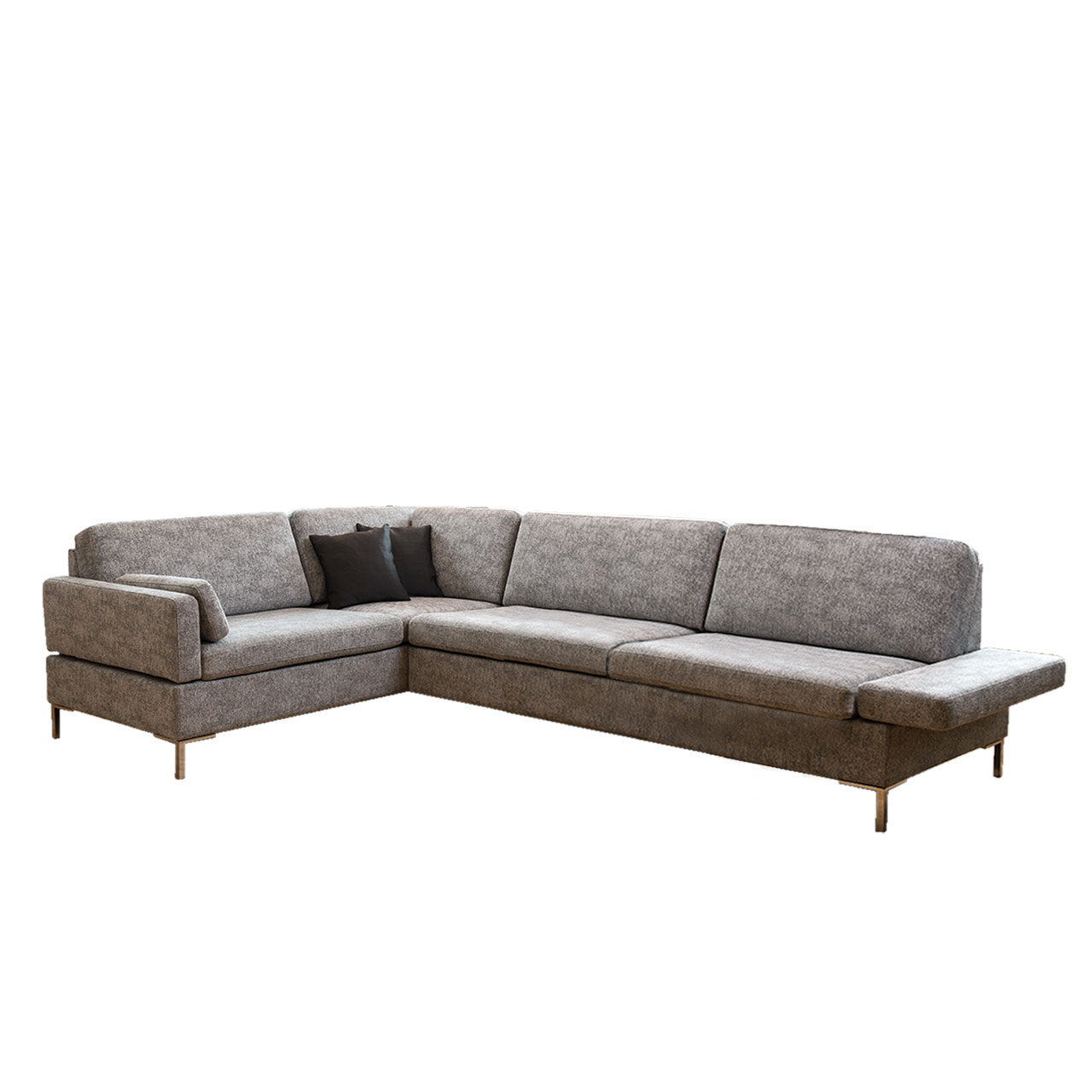 Braune Eckgarnitur mit Anstellsofa rechts und Eckanbausofa links.