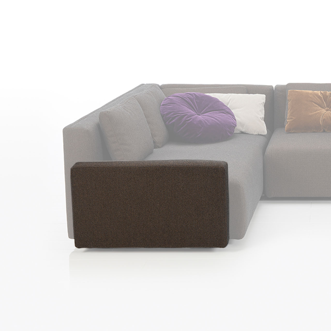 Bildauschnitt eines Ecksofas. Die viereckife bodentiefe Armlehne ist hervorgehoben.