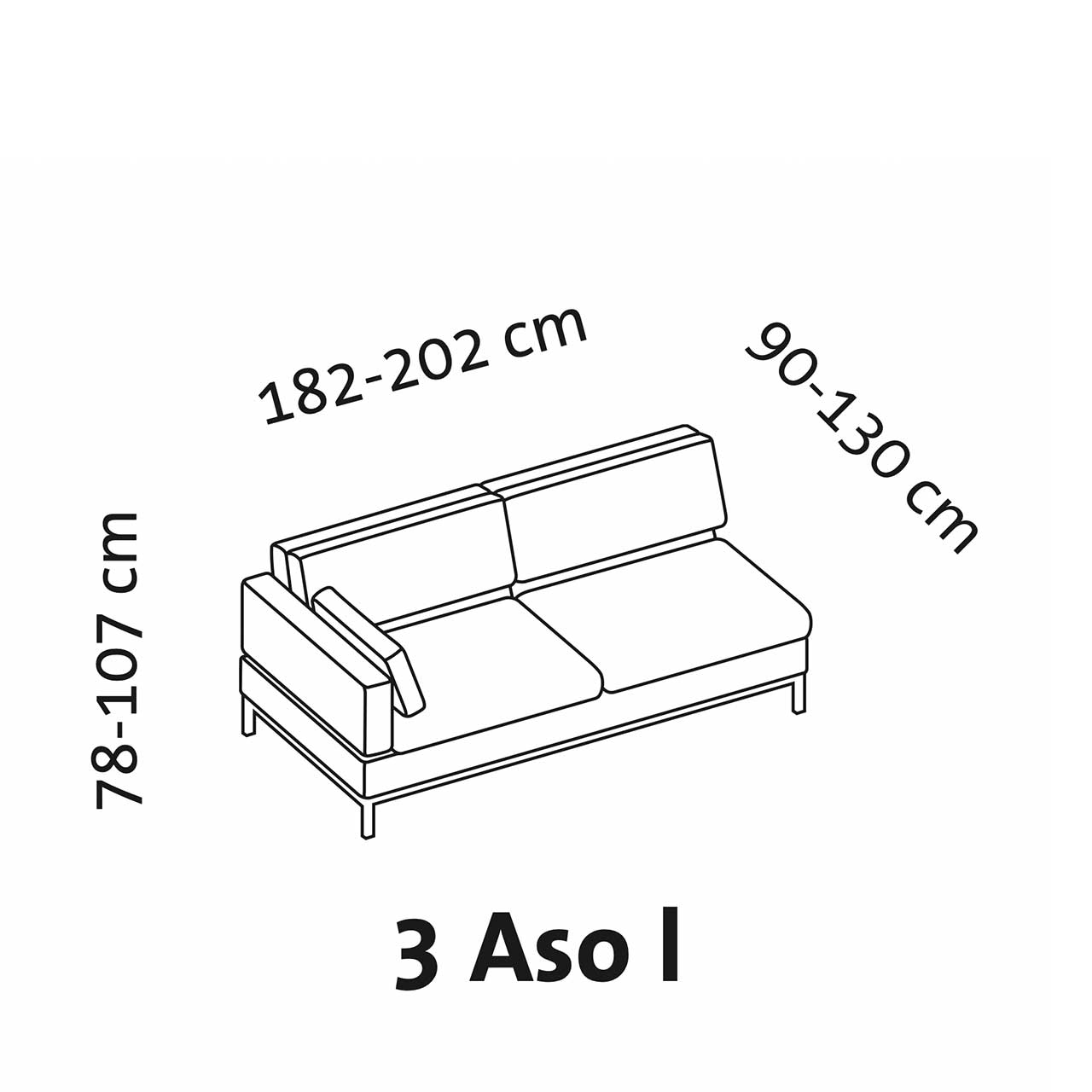 Maßzeichnung brühl tomo compact Anstellsofa 3-Sitzer