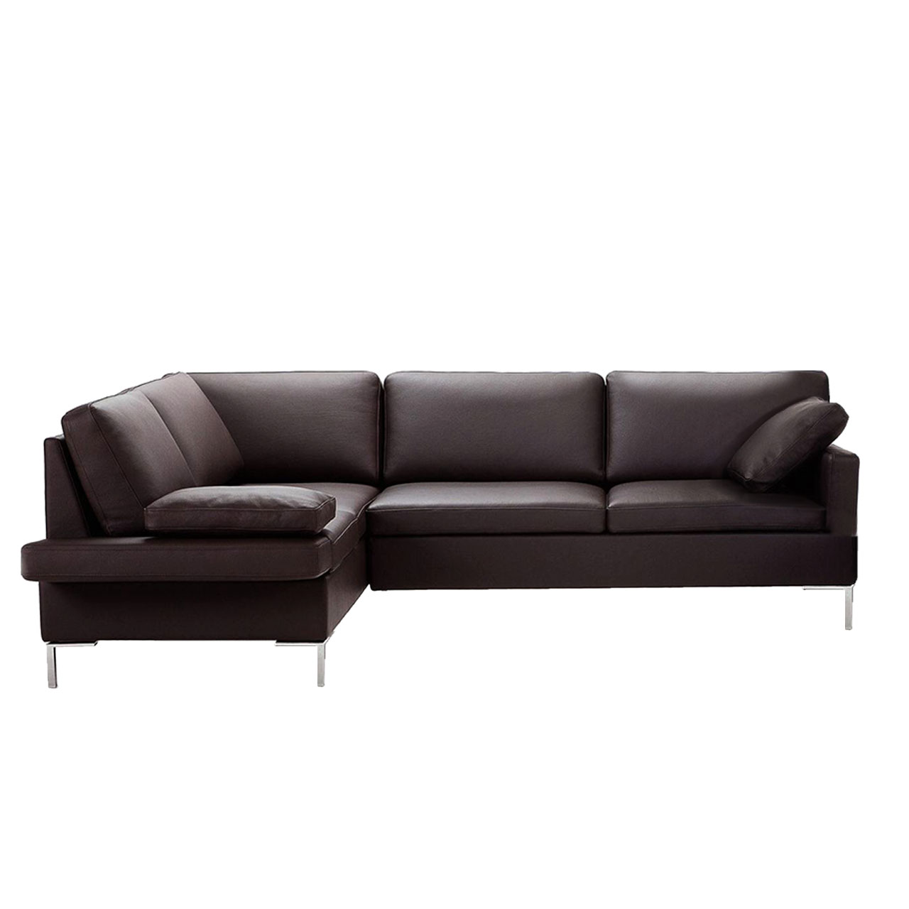 Eckgarnitur in dunkelbraunem Leder mit Eckanbausofa links und Anstellsofa rechts.