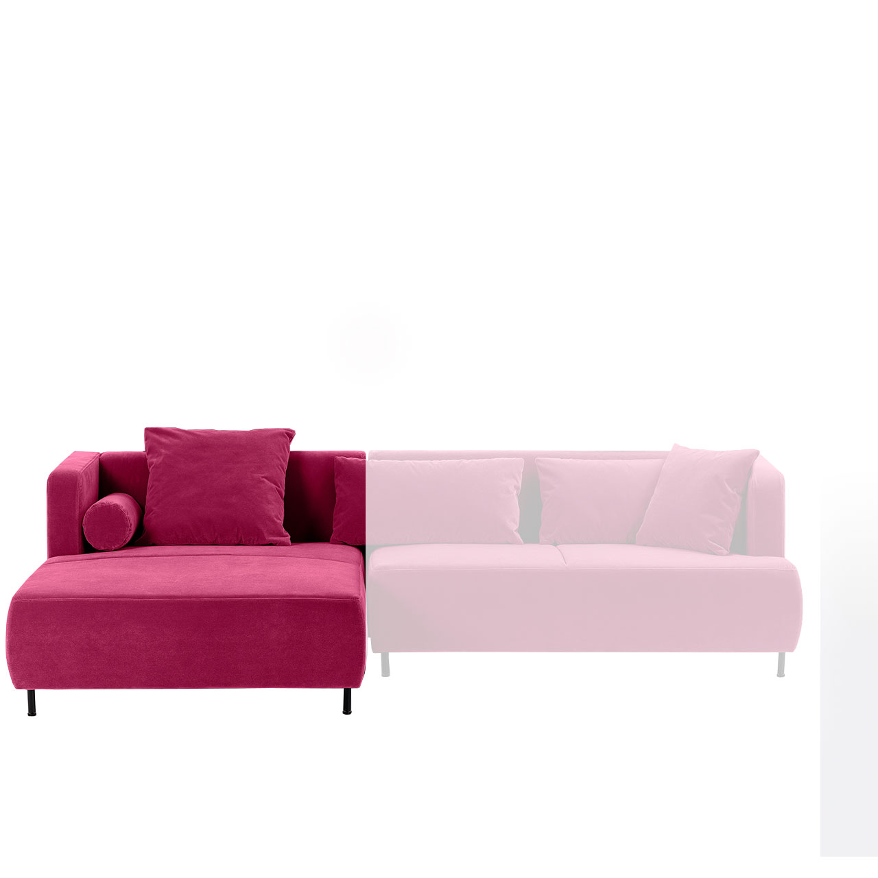 Longchair mit einem quadratischen Kissen und einer Kissenrolle in einem roten Stoff.