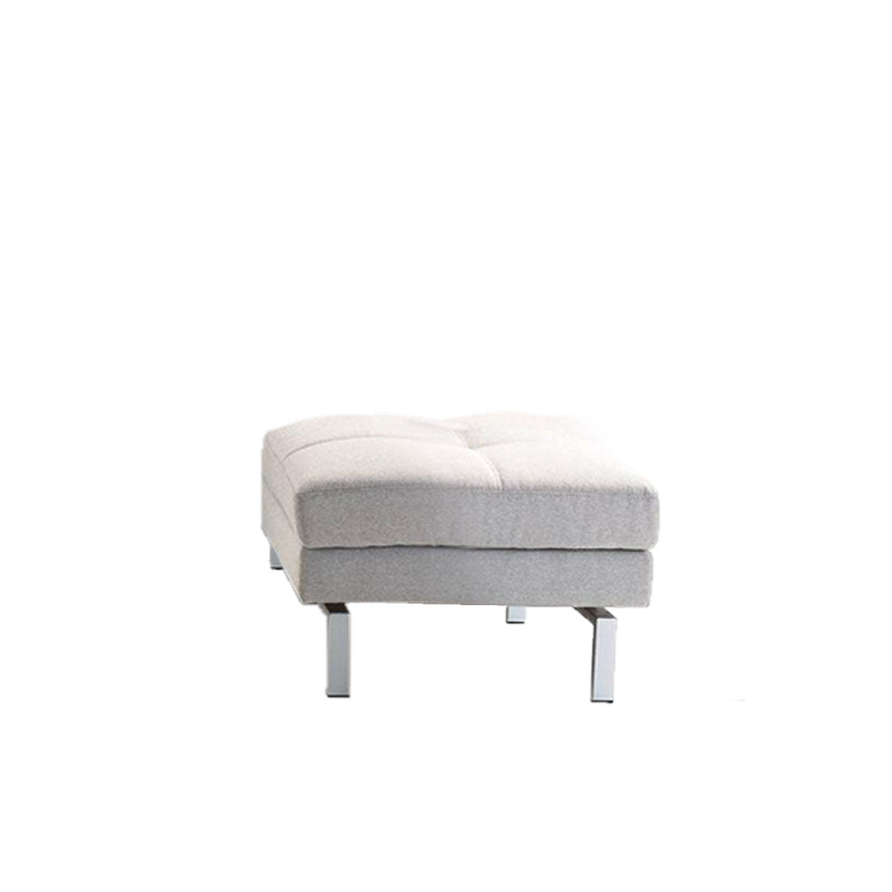 Mit weißem Stoff bezogener  Hocker mit quadratischer Sitzfläche.