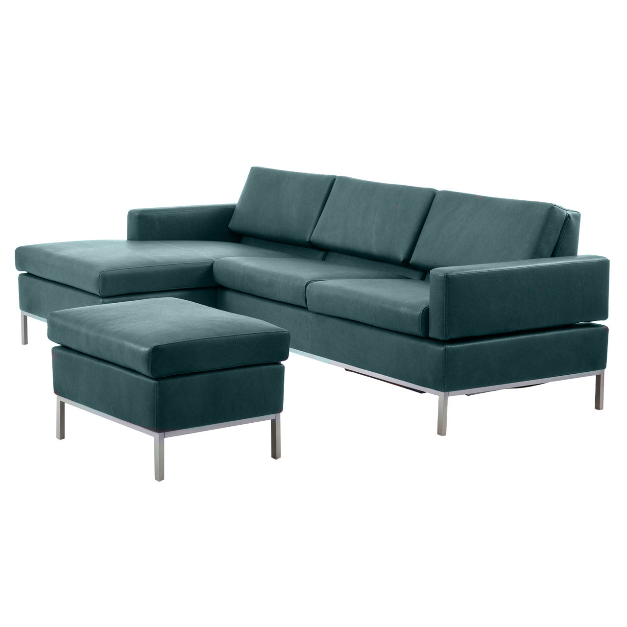 Grüne Ledergarnitur mit Longchair links und Anstellsofa rechts.
