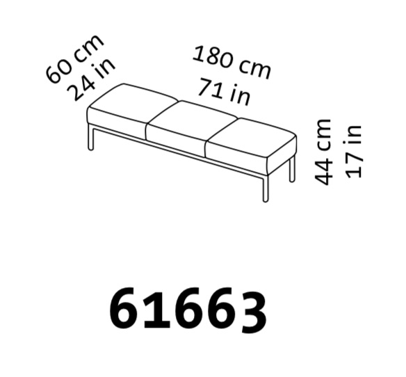 Maßzeichnung einer Sitzbank der Serie add1 ohne Rückenlehne mit drei Sitzplätzen.