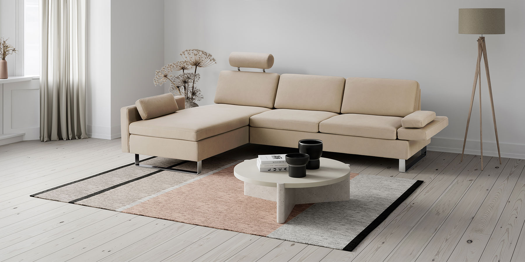 Sitzgarnitur brühl alba mit Longchair links und Anstellsofa rechts.