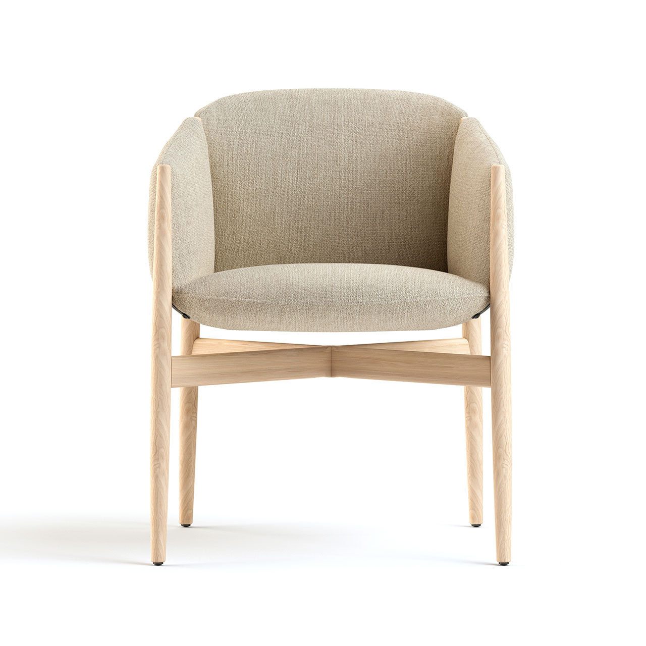 Frontalaufnahme des Stuhls mit hellem Holzgestell und beigem Bezug