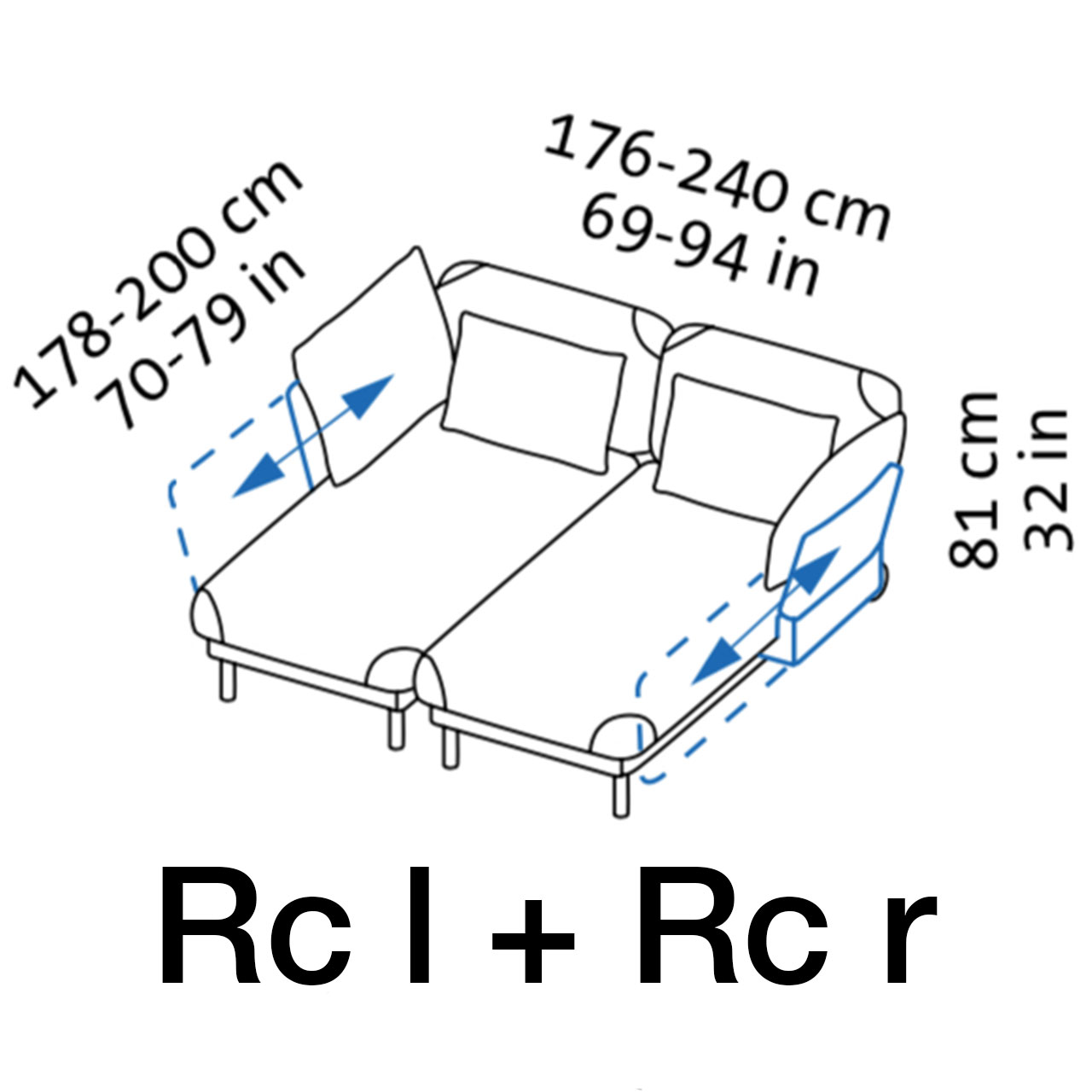 Maßzeichnung brühl tam Kombination Recamiere Armlehne llinks und Armlehne rechts