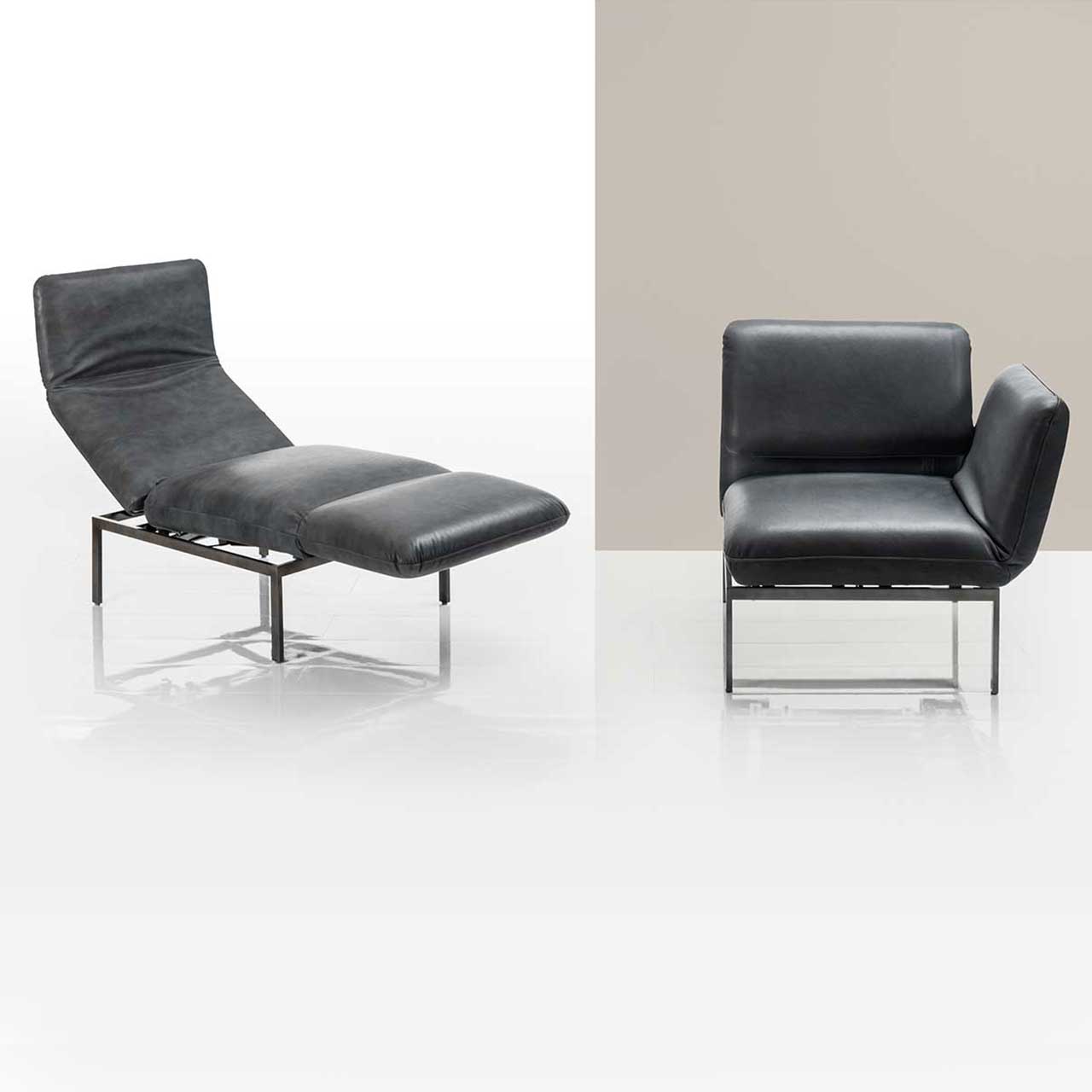 Multifunktionssessel der Serie roro small classic mit Armlehne links in schwarzem Leder. Bild zweigeteilt: Rechts als Sessel, links zur Liege aufgeklappt.